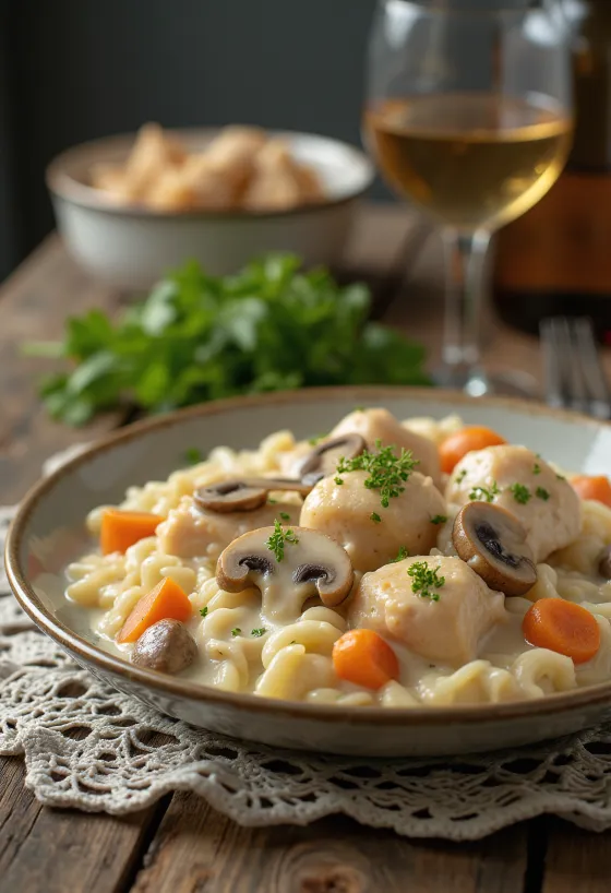 Chicken Fricassee disajikan dengan saus krim