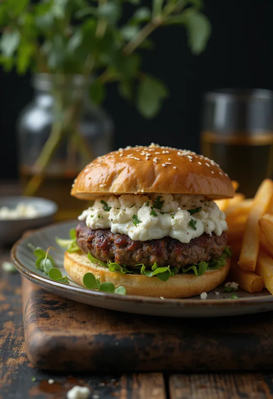 Hamburger Yunani dengan saus tzatziki