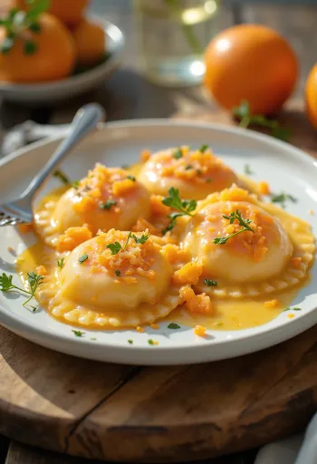 Ravioli salmon dan jeruk disajikan