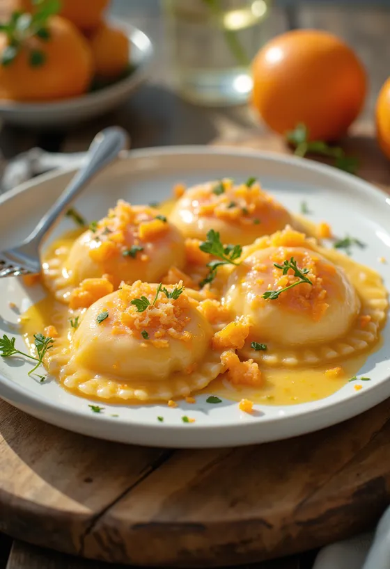 Ravioli salmon dan jeruk disajikan