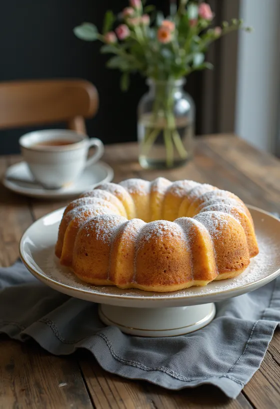 Kue Gugelhupf marzipan ditaburi gula halus, dipotong-potong