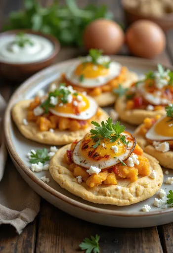 Gigitan pita mini dengan isian campur: hummus, ayam, terong, feta, sayuran