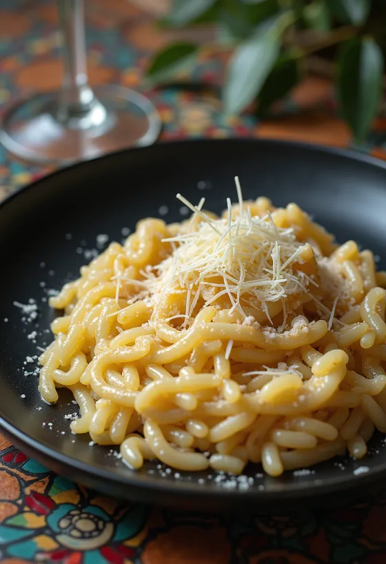 Risotto Italia bertekstur lembut, dihiasi dengan keju dan rempah-rempah