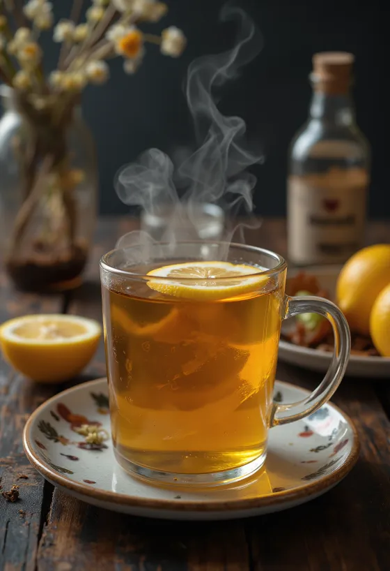 Teh Palinka disajikan dengan irisan lemon dan kayu manis