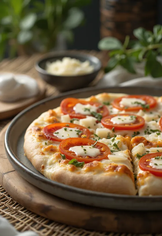 Pizza al Mascarpone dengan tomat segar dan basil