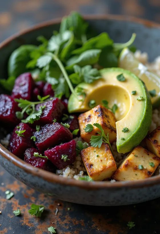 Buddha Bowl quinoa bayam dengan tahu jeruk nipis bit disajikan