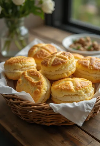 Pogácsa keju cottage lembut dipanggang cokelat keemasan, dengan lapisan keju renyah di atasnya