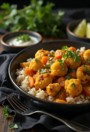 Kari kembang kol panggang vegan disajikan