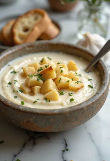 Sup krim bawang putih yang lembut dengan potongan roti panggang dan peterseli segar.