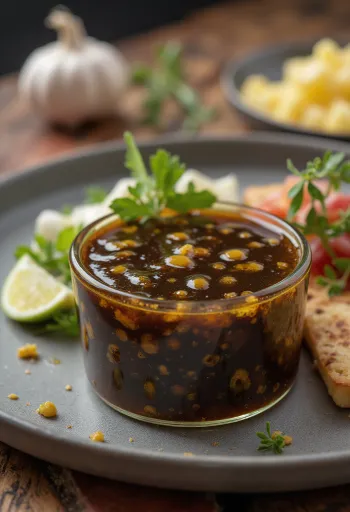 Saus balsamic mustard bawang putih disajikan