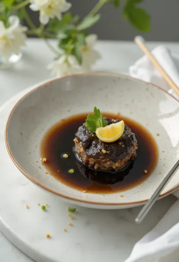 Saus ponzu gelap dalam mangkuk kecil