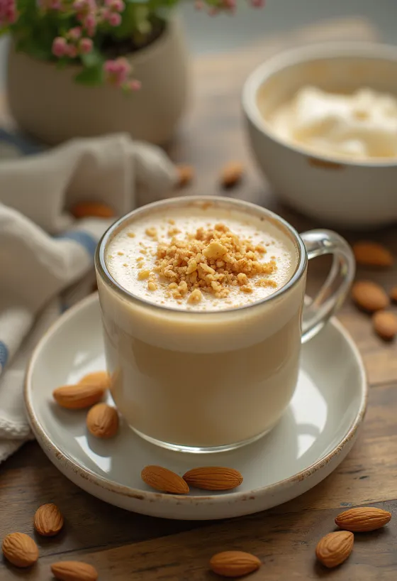 Susu almond karamel disajikan dalam cangkir