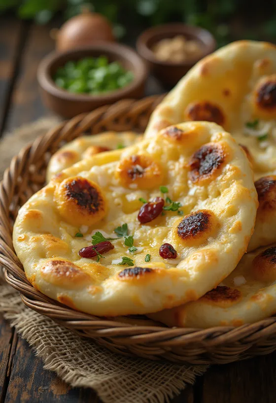 Roti berbumbu India Kashmiri naan yang baru dipanggang