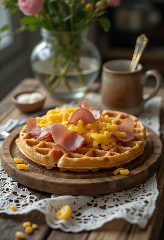 Wafel Liege dengan topping daging sapi asap dan arugula