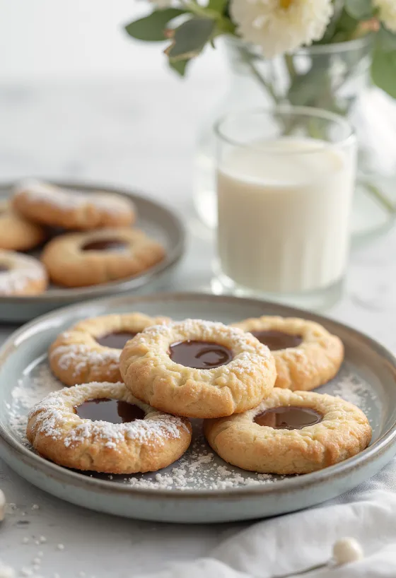 Linzer krim hazelnut ditaburi gula halus, disajikan di piring