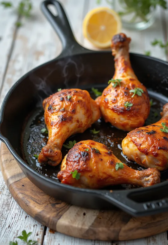 Paha ayam panggang bumbu pedas disajikan dengan sayuran segar.