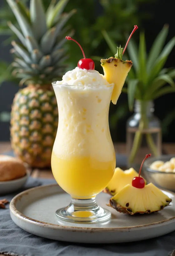 Piña Colada dihiasi dengan nanas segar dan ceri koktail