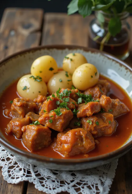 Pörkölt domba disajikan dengan roti segar dan acar