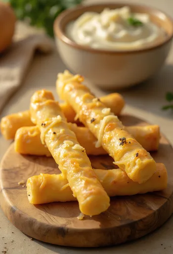 Stik keju renyah dipanggang cokelat keemasan, ditaburi keju parut dengan melimpah