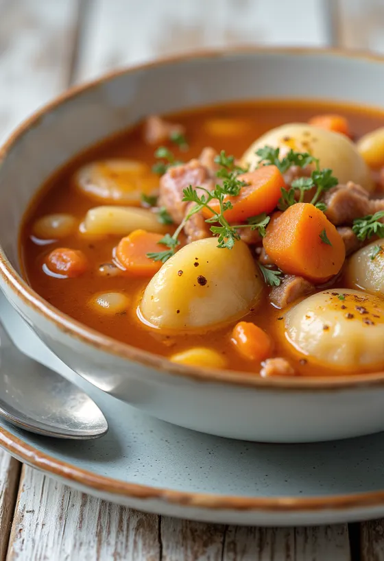Goulash palsu dibumbui dengan sayuran dan paprika bubuk.