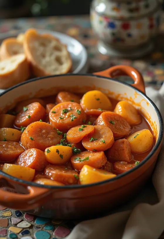 Paprikás kentang dengan potongan kentang berkuah, sosis sapi asap, dan taburan peterseli segar