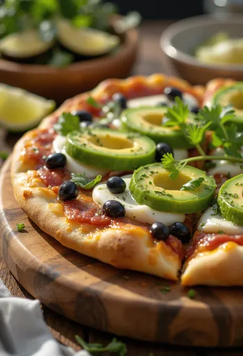 Pizza Mexicana dengan cabai jalapeño, kacang hitam, dan alpukat