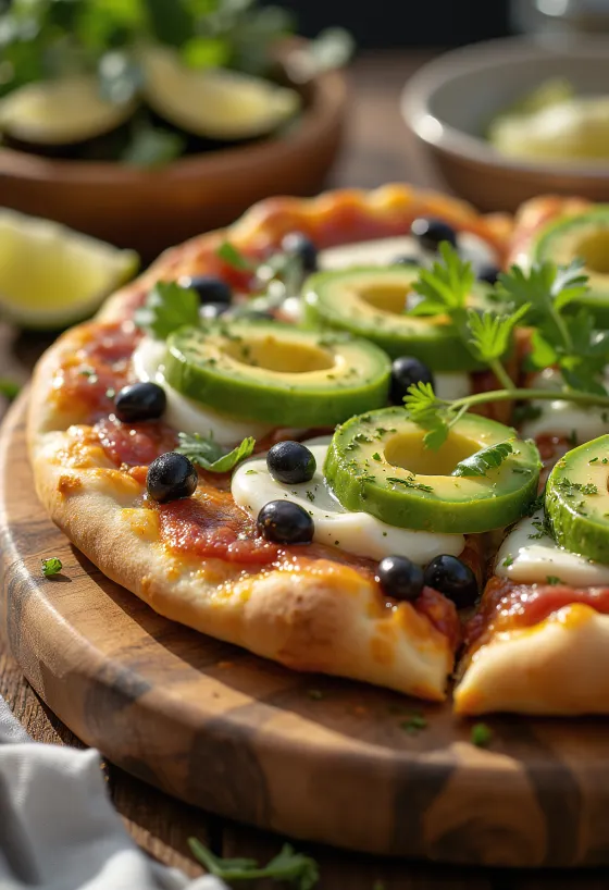 Pizza Mexicana dengan cabai jalapeño, kacang hitam, dan alpukat