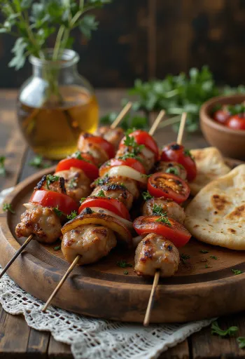 Şiş kebab dengan daging marinasi panggang, disajikan dengan roti pipih dan sayuran