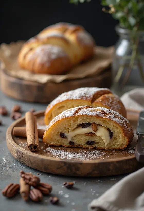 Stollen Kayu Manis Pecan diiris, ditaburi gula halus, dengan latar pedesaan
