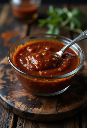 Saus barbecue cabai paprika asap dalam botol, disajikan dengan daging panggang