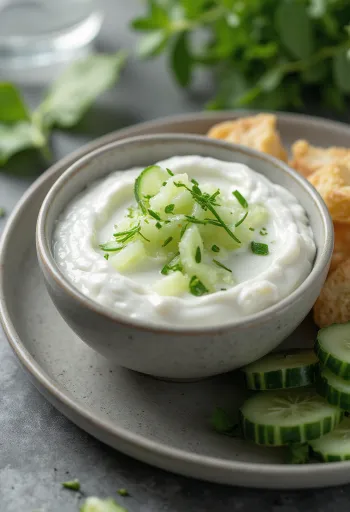 Saus yogurt timun dalam mangkuk biru