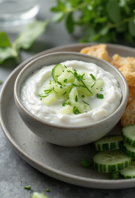 Saus yogurt timun dalam mangkuk biru