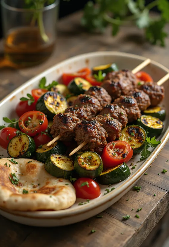 Kebab bakar disajikan dengan sayuran
