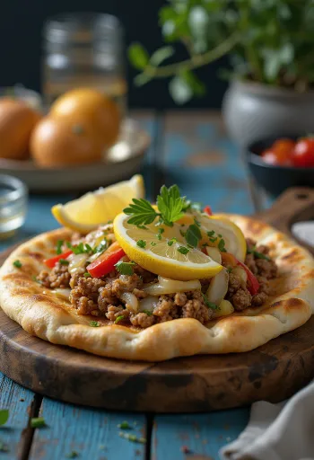 Lahmacun Klasik disajikan dengan adonan segar dan isian daging berbumbu