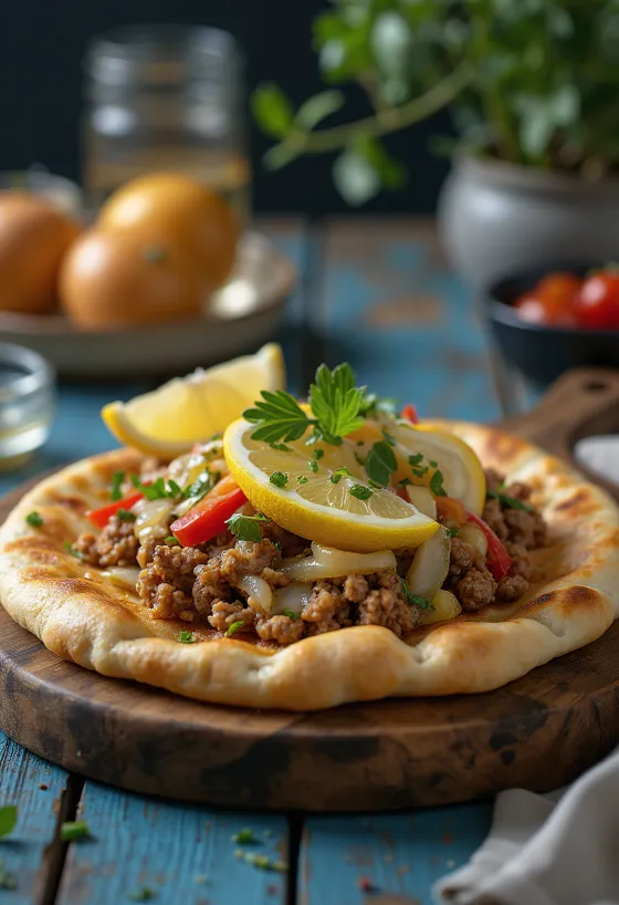 Lahmacun Klasik disajikan dengan adonan segar dan isian daging berbumbu