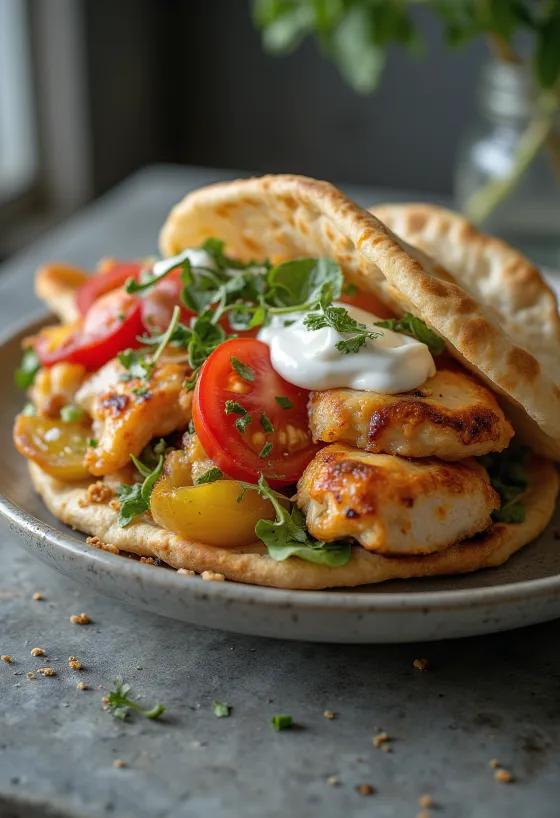 Sandwich pita "Semua Masuk" diisi dengan sayuran segar dan ayam panggang