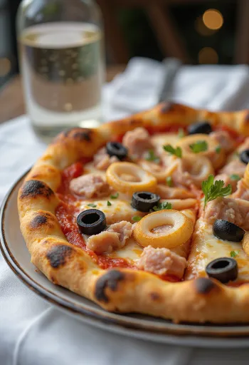 Pizza Tuna dengan bawang merah dan zaitun hitam