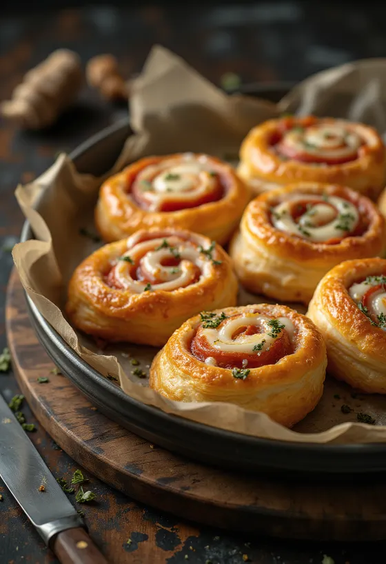 Snail pizza panggang segar diisi dengan keju leleh dan saus tomat, disajikan di piring.