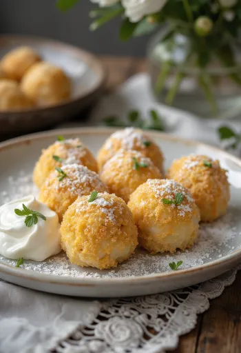 Dumpling keju cottage lembut ditaburi krim asam manis dan remah roti panggang.