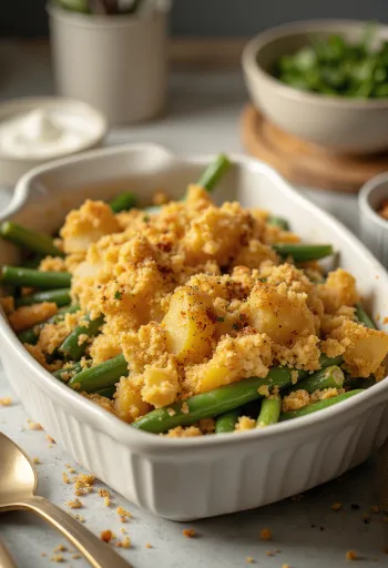 Casserole buncis vegan dengan kentang disajikan