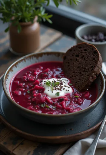 Sup borscht tradisional dengan bit, wortel, dan krim asam disajikan.