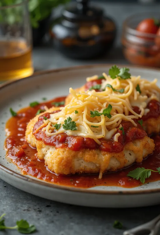 Chicken parmigiana disajikan dengan pasta dan kemangi segar