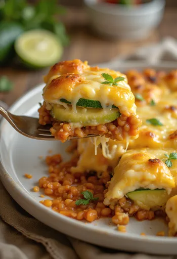 Casserole zucchini dengan lentil merah disajikan