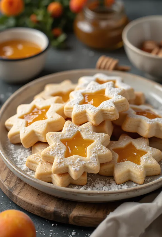 Linzer madu ditaburi gula halus, diisi dengan selai