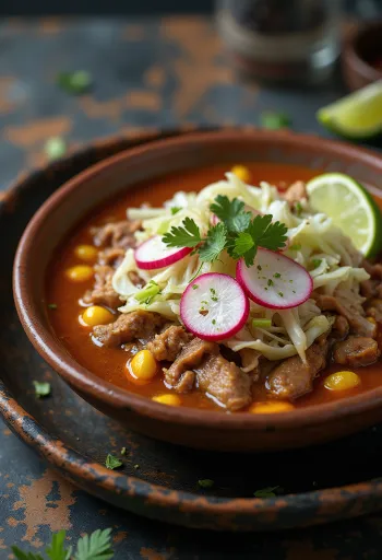 Pozole sup daging Meksiko disajikan