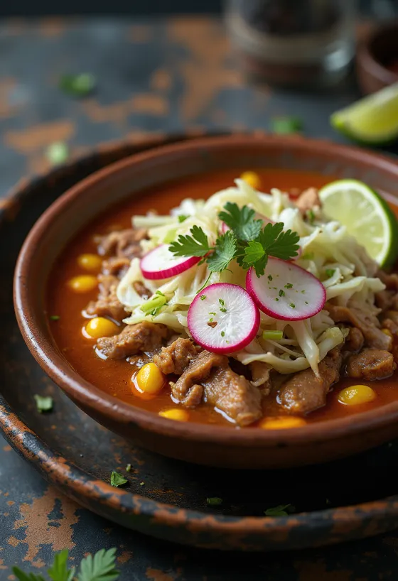 Pozole sup daging Meksiko disajikan