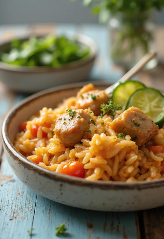 Nasi daging dengan daging sapi berkuah dan sayuran yang disiapkan dengan kaya.