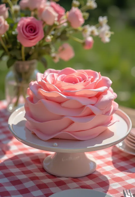 Kue bentuk mawar dengan hiasan fondant merah muda dan hijau