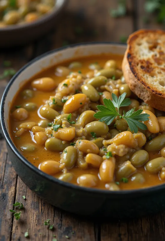 Sayur buncis kental dalam saus krim asam, ditaburi adas segar