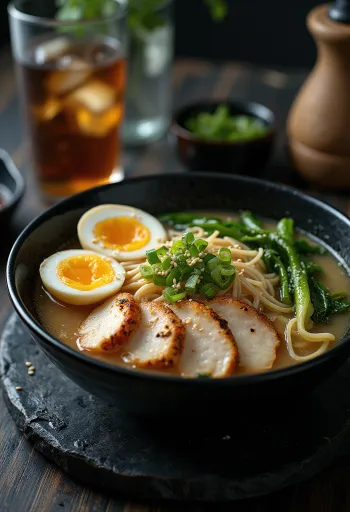 Halal Ramen disajikan dengan ayam, bok choy, dan telur